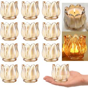 GOLDEAL 12Pcs Gold Votive Candle Holders, Thick Glass Tea Light Candle Holder Bulk, Tealight Candle Jars for Wedding Table Decor, Party Supplies, Bridal Shower Decorations, Centerpieces for Tables