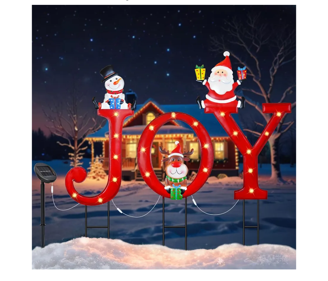 Outdoor Christmas Decorations, Solar Lighted Joy Snowman Reindeer Santa Claus Yard Sign Garden Stakes Xmas Holiday Decor for Patio Lawn Outside