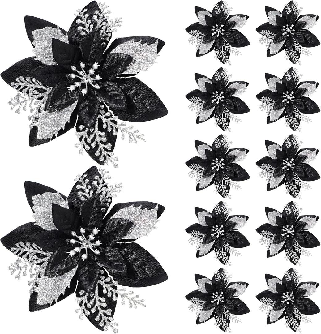 12 Pieces 5.7 Inch Christmas Poinsettia Flower Christmas Glitter Artificial Flower with Clips Xmas Tree Ornament for Wreath Garland Party Decor (Black,Silver)