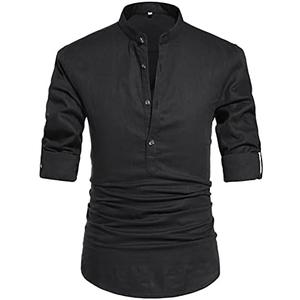 NITAGUT Men Henley Neck Long Sleeve Daily Look Linen Shirts, Large