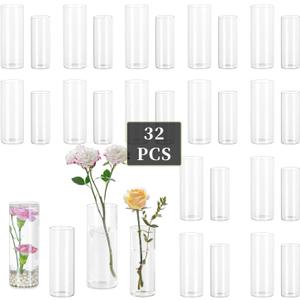 Glasseam Glass Cylinder Vase in Bulk: 32pcs Clear Small Bud Flower Vases for Centerpieces - Modern Hurricane Pillar or Floating Candle Holder for Wedding Party Table Living Room Home Decor, Tall 6"+7"