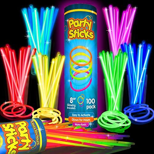 PartySticks Glow Sticks Party Supplies pk - 8 Inch Glow in the Dark Light Up Sticks Party Favors, Glow Party Decorations, Neon Party Glow Necklaces and Glow Bracelets with Connectors