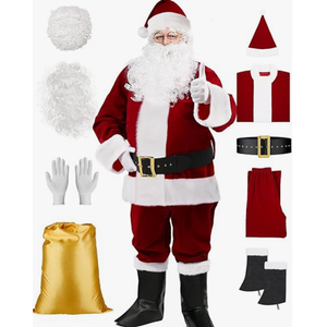 Santa Claus Costume Adult 9PCS, Mens Deluxe Plush Santa Suit Christmas Santa Costume for Men Santa Outfit Set, Large