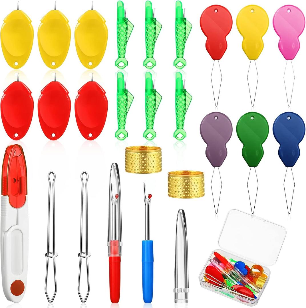 26 Pieces Needle Threaders for Hand Sewing Machine Kit 6 Gourd,6 Thumb and 6 Fish Needle Threader 2 Seam Ripper 2 Sewing Tweezers 2 Thimble with Scissor Box for DIY(Vivid Color)