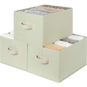 StorageWorks Storage Baskets for Shelves, Closet Organizers and Storage Basket, Fabric Clothes Organizer with Leather Handles, Light Green, 3-Pack, Large