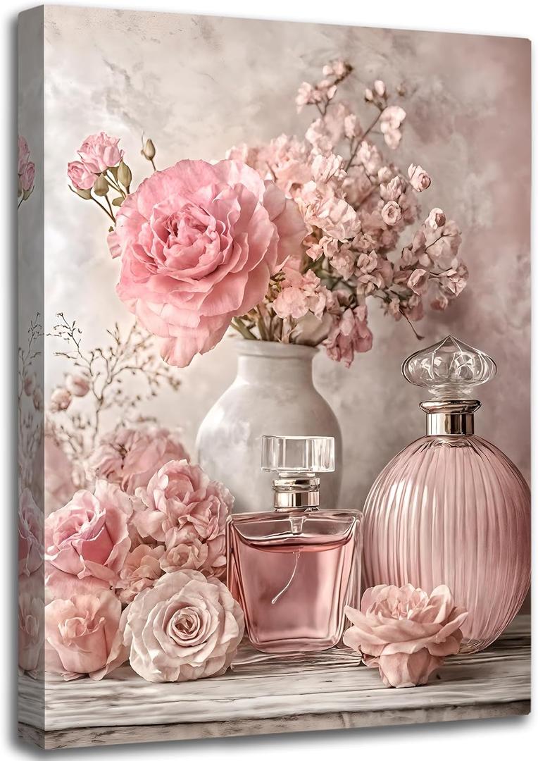 HJYQLN Pink Rose Perfume Canvas Wall Art,French Flower Picture Wall Decor, 24"L x 16"W