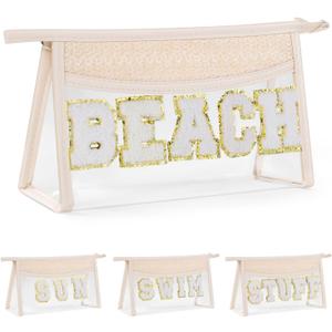 Etercycle Boho Patch BEACH Makeup Bag, Clear PVC Travel Toiletry Bag Waterproof Beach Bags for Women, Small Chenille Letter Bag With Zipper for Beach Travel Essentials