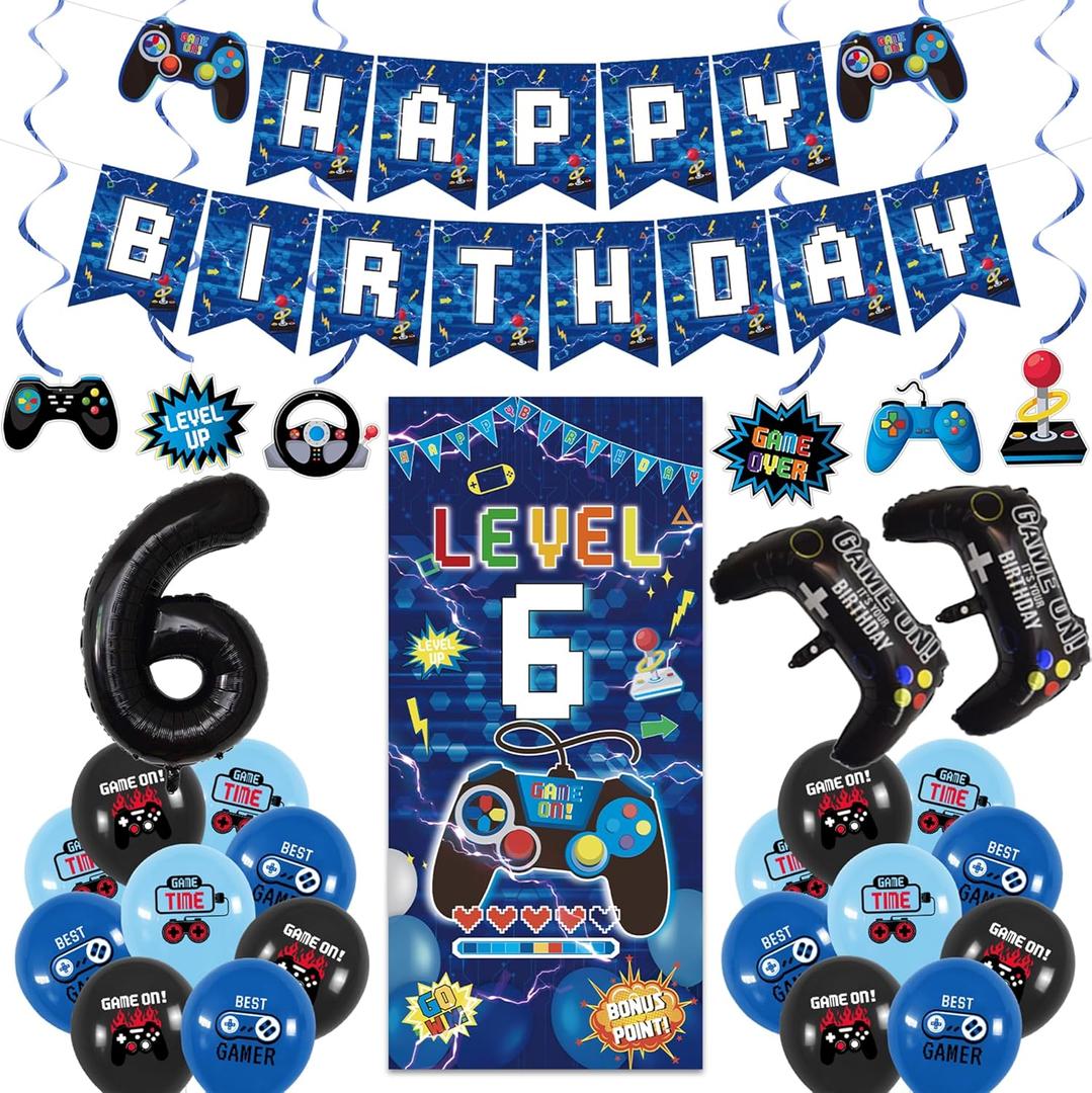 Vlipoeasn Blue 6th Birthday Decorations for Boys, Video Game Level 6 Banner Backdrop Hanging Swirls for 6th Birthday Party, Gamer 6 Years Old Party Supplies