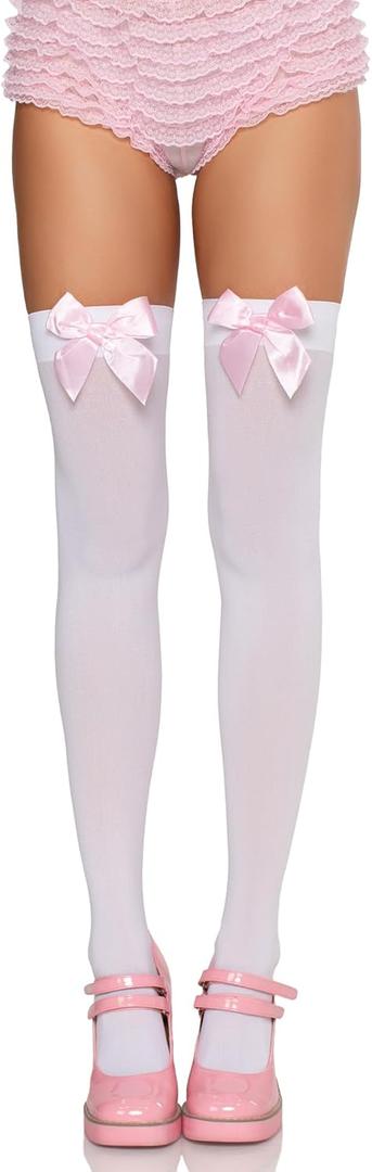 Leg Avenue womens Satin Bow Accent Thigh Highs (One Size, White/Light Pink)