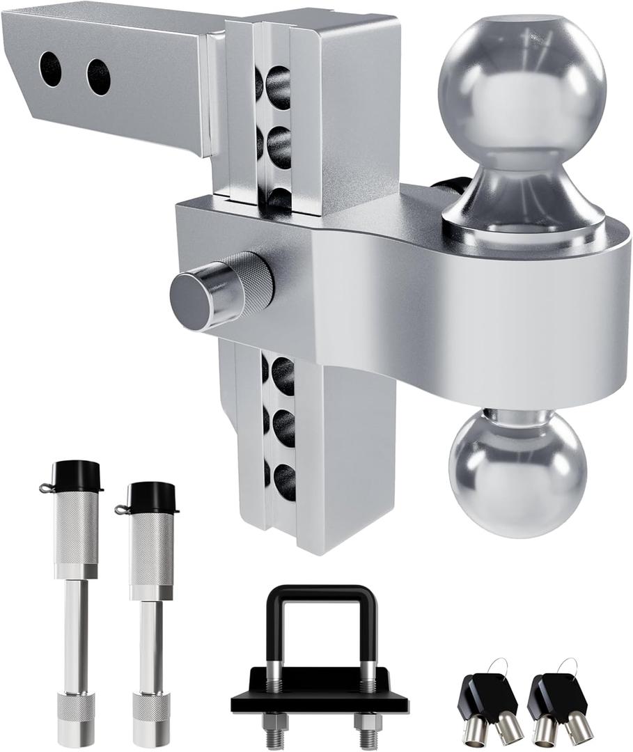 RETRUE Aluminum Trailer Tow Hitch for 2 Inch Receiver, Adjustable Truck Towing Hitches with Hitch Tightener, Heavy Duty 6 Inch Drop Down/Rise Up Hitch 12,500 LBS GTW 2 Anti-Theft Pin Locks (Silver)