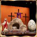 BreezeHug Easter Empty Tomb Display Life Size Include Rock Roll Away Cardboard Cutout Standup and Jesus Stand Up Religious Backdrop Photo Props for Church Sunday School Vbs He is Risen Party Decor