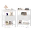 DUMOS Nightstand with Charging Station, Bedside Table with 1 USB-A, 1 USB-C & 2 AC Outlets, Fabric Drawer with Adjustable Open Shelf, Compact End Table for Bedroom, White