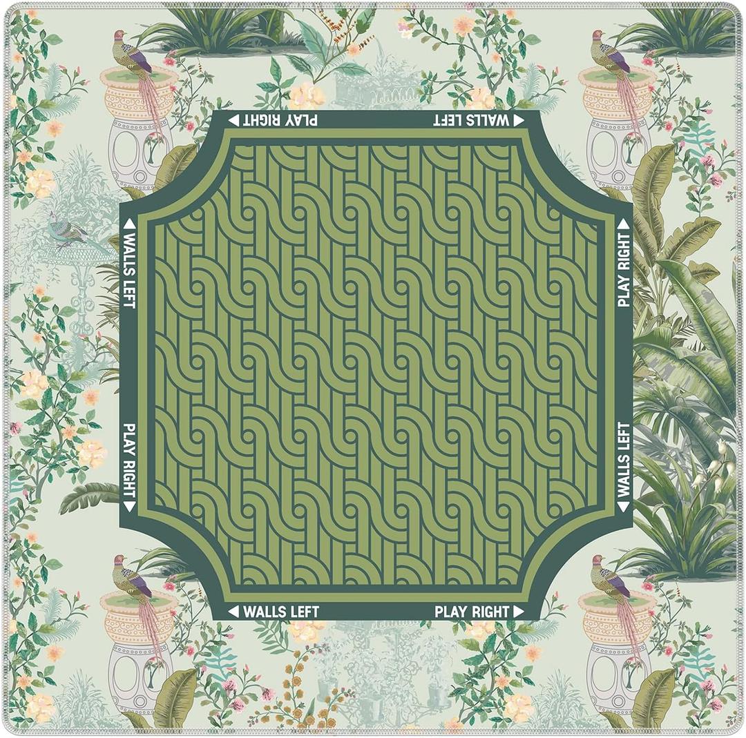 Vintage Botanical Pheasant Floral Mahjong Mat, Non-Slip Noise Reduction Square Game Table Pad, Retro Tropical Green Plant Bird Flower Vase Border Print Portable Play Mat for Mahjong, 31.5 x 31.5 inches