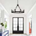 Psyverii 8-Light Candle Style Black Wagon Wheel Chandelier, Retro Farmhouse Country Style Industrial Round Pendant Light Fixture for Living Room, Dining Room, Foyer, Kitchen Island, Entryway