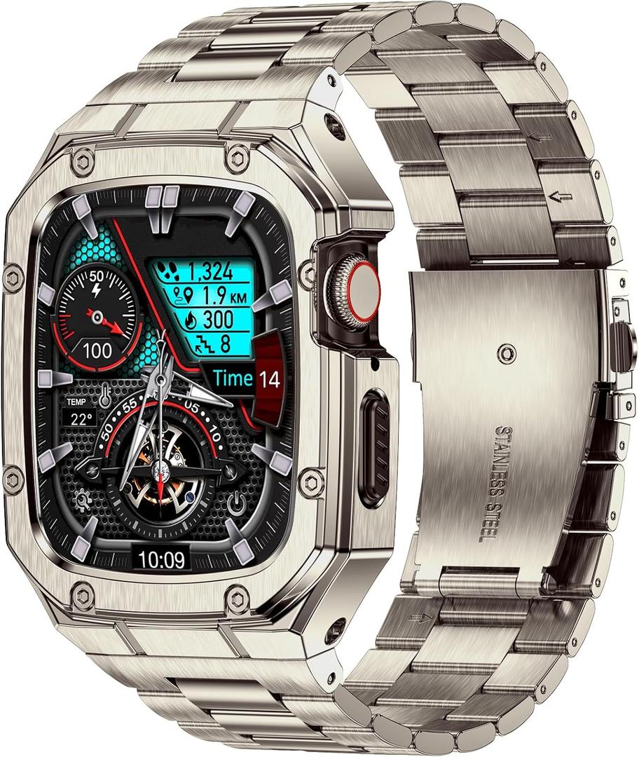 BAITEYOU Stainless Steel Watch Band with Case Compatible with Apple Watch Series 9 8 7 45mm, Rugged Strap with Metal Protective Bumper Cover for iWatch Bands Men (Titanium Color)