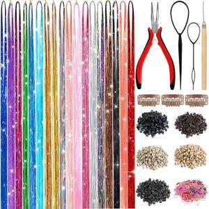 Hair Tinsel,18 Colors Hair Tinsel Kit for Girls 7600 Strands Fairy Tinsel Hair Extensions Holographic Hair Tinsel Heat Resistant Colored Hair Glitter Christmas Party Festival 