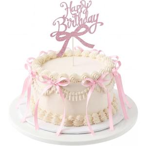 Bow Cake Toppers 18 PCS Pink Ribbon Bows for Cake with 1 PCS Happy Birthday Cakes Topper Coquette Themed Bow Birthday Decorations for Wedding, Bridal Shower, Baby Shower, Bachelorette