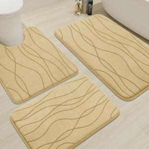 YIHOUSE Memory Foam Bathroom Rug Sets 3 Piece, Ultra Absorbent Bath Mat for Bathroom - Non-Slip Machine Washable & Dry Quickly, 3 Piece Bathroom Mat Set, Beige (1'8" x 2'8")