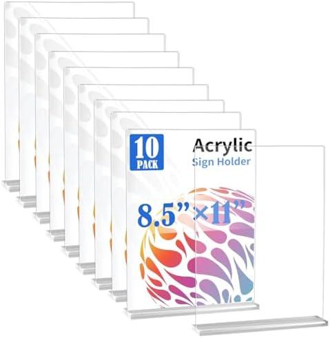 WAEFNO 10 Pack Acrylic Sign Stand 8.5 X 11, Vertical T-Shape Clear Plastic Display, Double-Sided Clear Table Top Sign Holder, Suitable for Office, Store