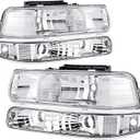 Headlights Assembly Compatible with 1999 2000 2001 2002 Chevy Silverado, 2000 2001 2002 2003 2004 2005 2006 Chevy Suburban Tahoe Chrome Housing Clear Lens Headlamp with Bumper Lights 4Pcs