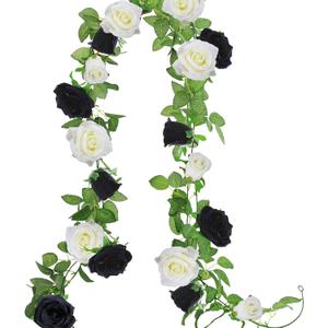 Greentime 2pcs Artificial Flower Garland 13 FT Fake Rose Vine 9 Heads Rose Garland for Wedding Arch Table Centerpiece Arrangement Room Baby Shower Decor (Black and White) 