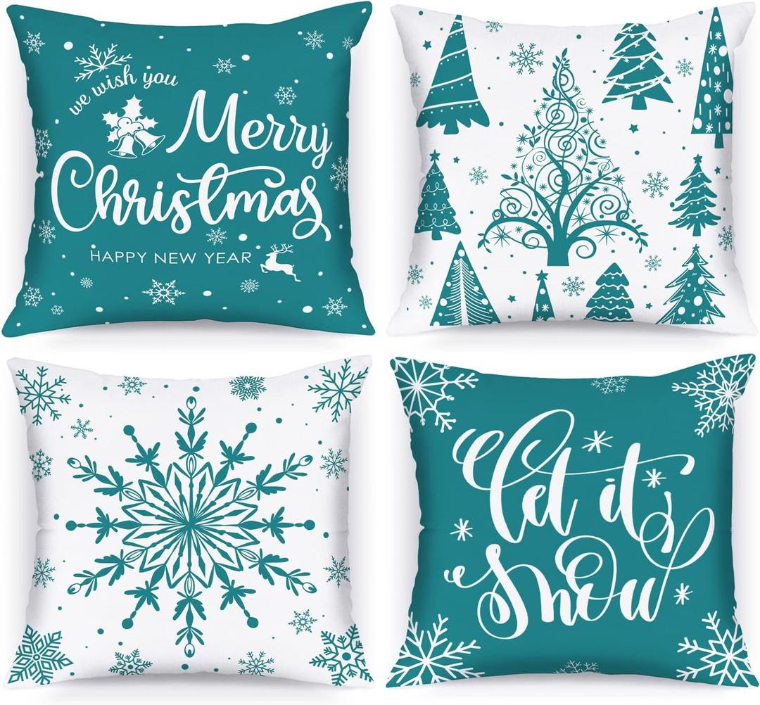 Lanpn Christmas Throw Pillow Covers 22x22 Set of 4, Merry Christmas Winter Xmas Snowflake Decorative Holiday Cushion Pillow Cases 22 x 22 for Outdoor Indoor Farmhouse Home Room Couch Decor (Teal)