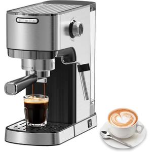 VEGETA Espresso Machine with Milk Frother, Small Coffee Maker 20 Bar with 40oz Removable Water Tank, Stainless Steel Coffee Machine for Cappuccino & Latte, Silver
