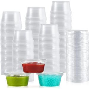 200 Sets 3.25 oz Plastic Portion Cups with Lids, 3.25 oz Plastic Sauce Cups, Jelly Shot, Disposable Condiment Containers for Food Sample, 3.25 oz - 200 pack
