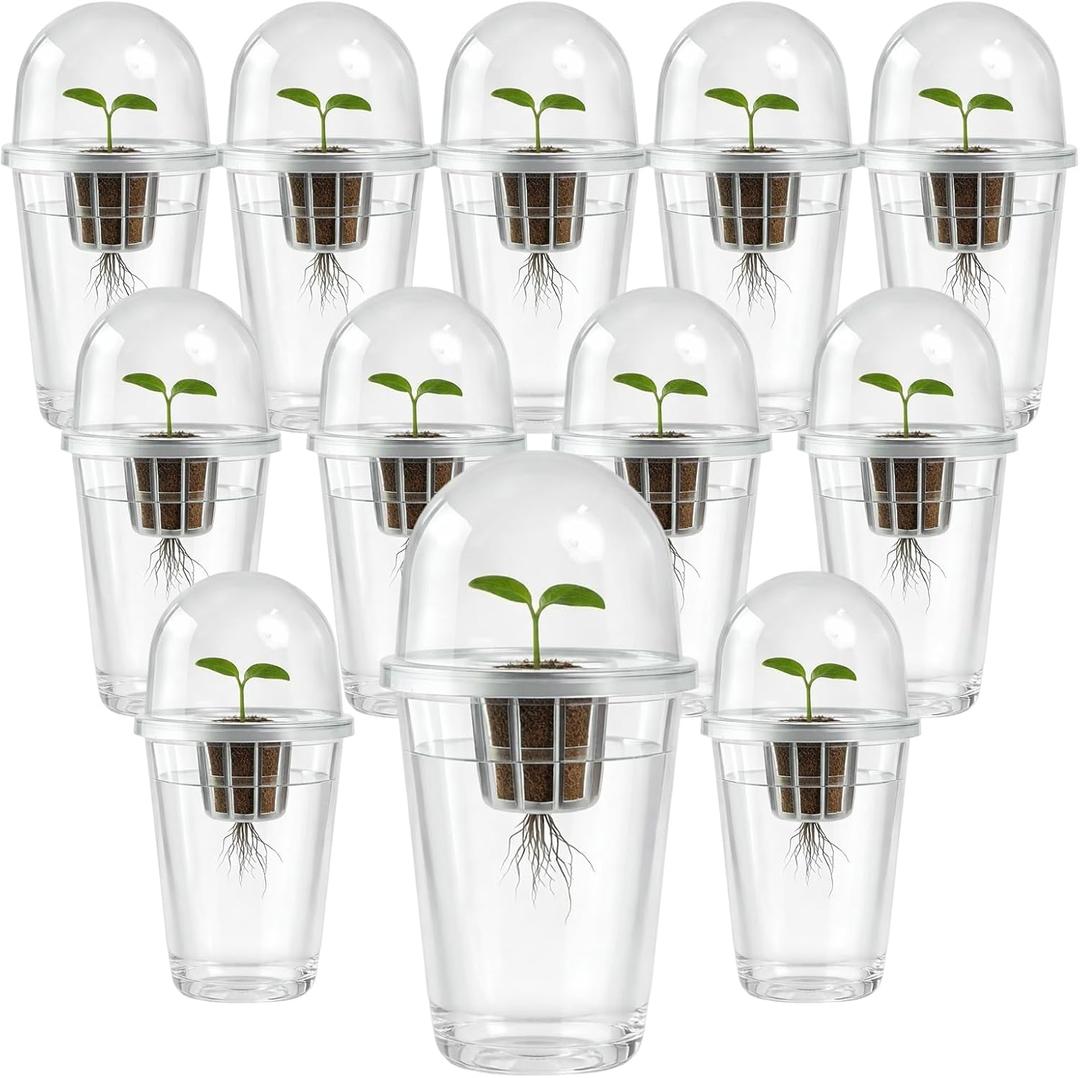 12 Pack Transparent Hydroponic Cups with Humidity Domes, 5in1 Hydroponics Growing System Kit, Clear Self Watering Planters for Indoor Plants, Herbs, Seed Starting, Root Monitoring