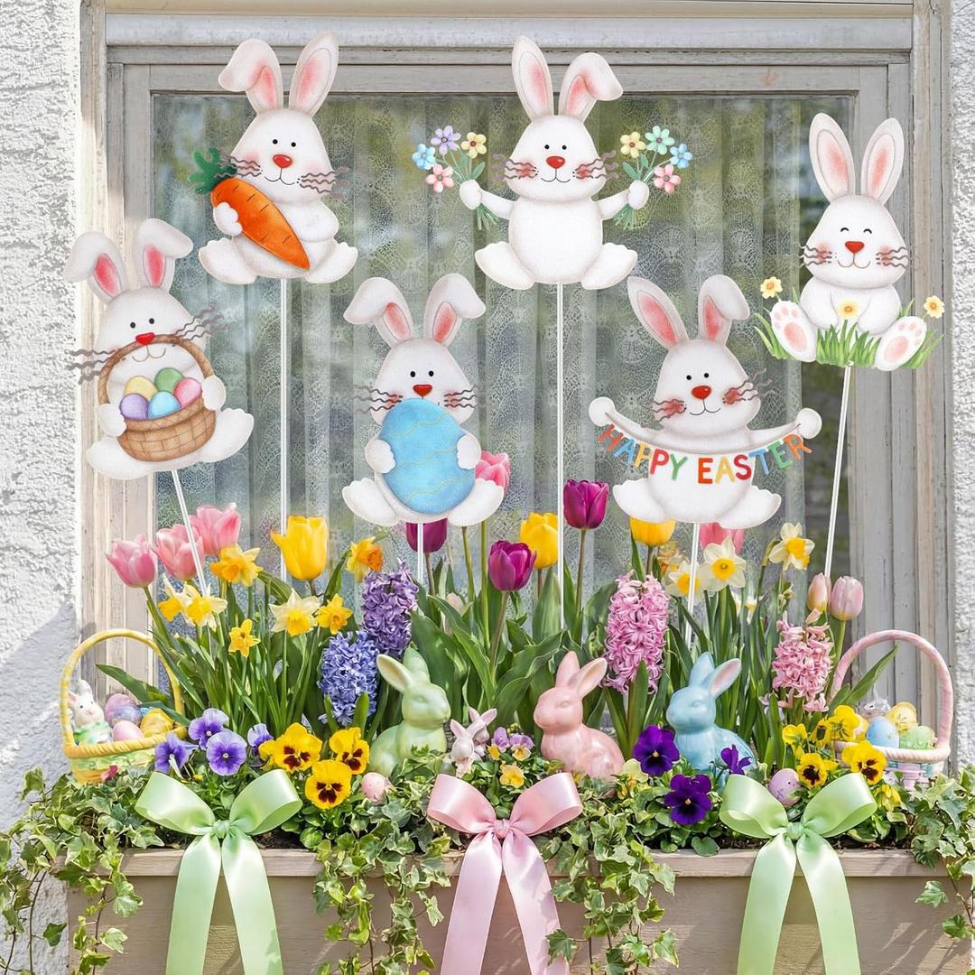Pickmesh 6 Pcs 12" H Easter Yard Sign Metal Rabbits Yard Stake Bunny Barn Garden Stake Easter Decoration Outdoor for Planter Pot Spring Walkway Pathway Lawn Decor