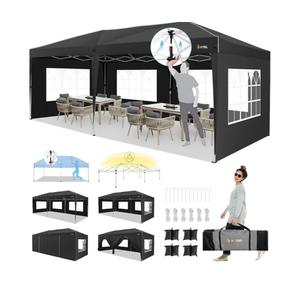 HOTEEL 10x20 Pop up Canopy with 6 Sidewalls, One Push Instant Setup Outdoor Canopy Tent with Reinforce Rod, Weight Bag, for Parties, Events, Black