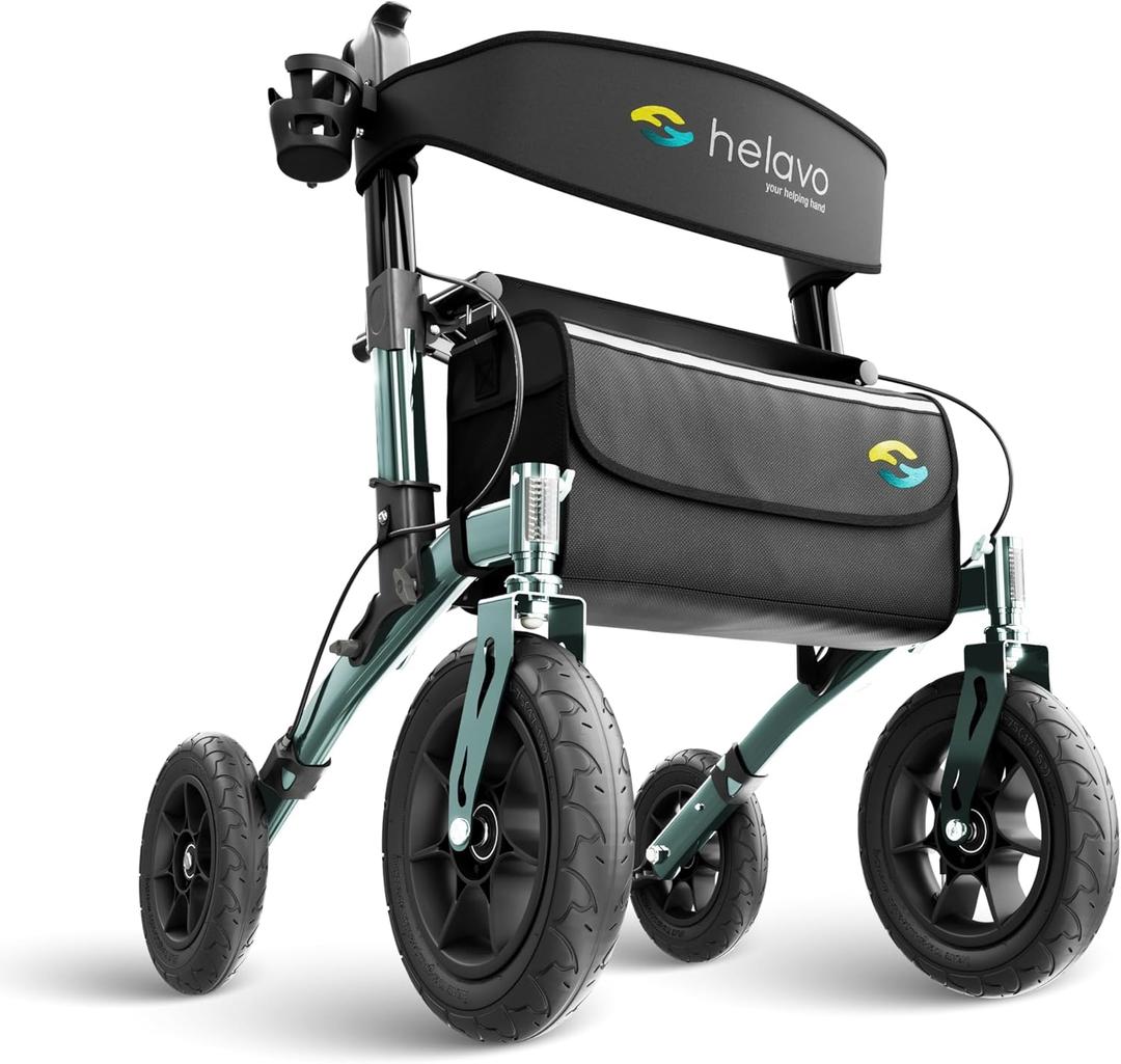 Helavo All Terrain Walker Rollator with 12 Pneumatic Tires Foldable Outdoor Walkers for Seniors with Seat, Lightweight & Adjustable Height, Shock-Absorbing for Comfort on Any Surface