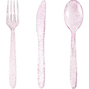 WDF 360 Pink Glitter Plastic Silverware - Disposable Glitter Cutlery - Plastic Silverware inluding 120 Forks, 120 Spoons, 120 Knives for Pink Birthday & Baby Shower