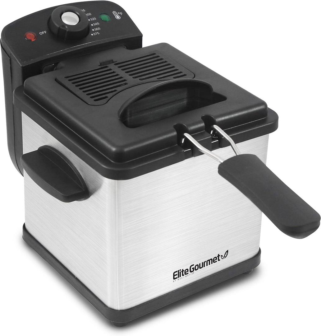 Elite Gourmet EDF1607# 800-Watt Mesh Basket 1.6 Quart / 6.5 Cup Oil Capacity, Electric Immersion Deep Fryer with Temperature Knob and Lid with View Window, stainless steel
