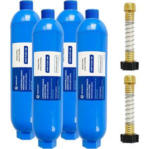 Hourleey 4 Pack RV Inline Water Filter with 2 Flexible Hose Protector, Reduce Bad Taste, Odors, Rust, Fluoride, Chlorine and Sediment in Drinking Water, Dedicated for RVs Campers Marines