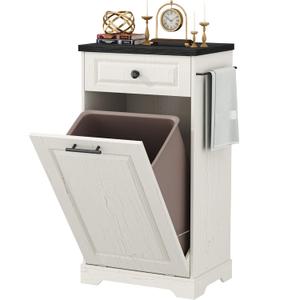 Function Home Trash Can Cabinet, Tilt Out Trash Cabinet, Wooden Kitchen Garbage Can with Hideaway Drawer, Pet Proof Trash Can Holder for Kitchen Living Room, Antique White with Black Top