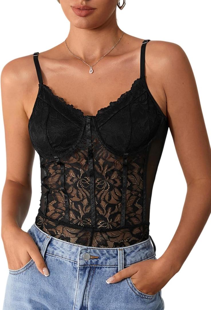 Milumia Women's Sexy Floral Lace Sheer Mesh Corset Bodysuit Spaghetti Strap Cami Tops Going Out (Medium)