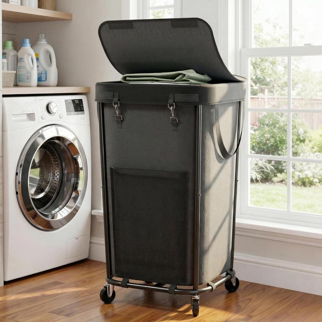 Laundry Basket with Lid and Wheels Rolling Laundry Basket, Removable Laundry Bag Design for Daily Use in Bathrooms and Laundry Rooms (Cover Black, 160L)