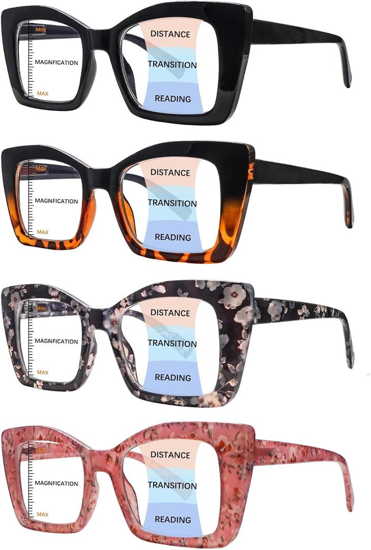 4 Pack Progressive Multifocal Reading Glasses for Women Oprah Style Blue Light Blocking Computer Readers (4 Mix C1)
