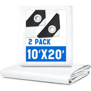 2 Pack 10 x 20 ft 5.5 Mil Large Tarps Heavy Duty Waterproof Tarp Multi Purpose Tent Cover for Home Boats Cars Camping Patio Furniture Roof Emergency Rain Protective Cover, White