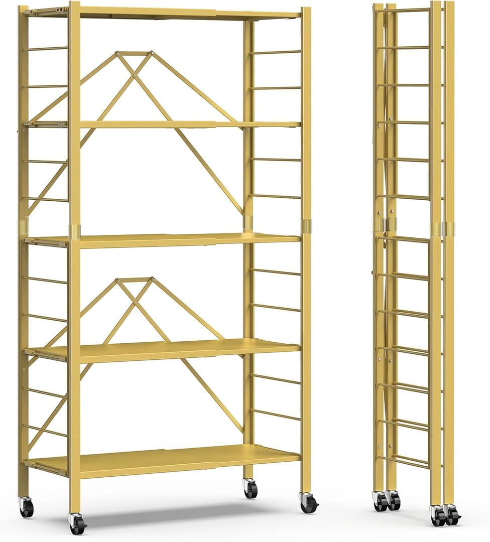 Himix 5 Tier Foldable Storage Shelves, Expandable Folding Shelving Units with Wheels, Changeable into 2 Shelf Units, Collapsible Adjustable Storage Rack Metal Shelves for Storage, Pantry, Garage, Gold