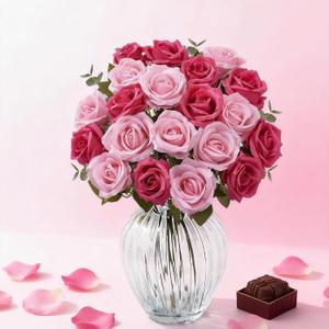 20PCS Artificial Roses with Long Stems - Realistic Silk Flowers, Fake Roses Real Touch Bouquet Roses for Valentine's Day, Home Decor, Bridal Wedding, Faux Rose Flowers (Hot Pink&Pink)