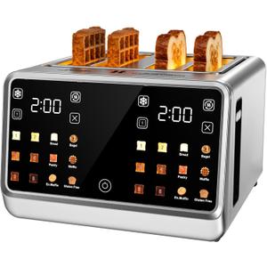 Touch Screen Toaster 4 Slice, Digital Smart Dual Control Touchscreen, Stainless Steel, 6 Toast Types & Levels include Bread, Bagel, with Defrost/Reheat/Single Slot Toasting Function