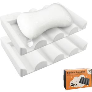 Silicone Soap Dish,Self Draining Soap Holder Perfect for Shower,Bathroom Sink,Kitchen Sink & Travel,Non-Slip Bar Soap Holder Extend Soap Life,Keep Soap Bars Dry & Easy Cleaning White-2Pcs