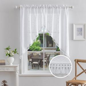 Beda Home Tassel Linen Textured Swag Curtain Valance for Farmhouses Kitchen; Light Filtering Rustic Short Swag Topper for Small Windows Bedroom Privacy Added Rod Pocket Design (White 36x45-2PCs)