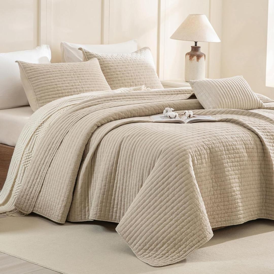 CozyTide Oversized King Bedspread 128"x120",Stone-Washed Cotton Wheat King Quilt Bedding Set Oversized,3 Pieces Soft Lightweight Extra Large Farmhouse Bedspread & Coverlet Sets