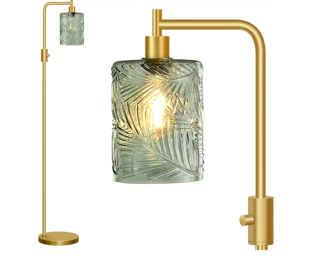 Upgraded Dimmable Glass Floor Lamp for Living Room, Modern Gold Standing Lamp with Green Feather Glass Lampshade & Knob Dimmer, Arc Tall Lamp for Bedroom Office Reading Room, 2700K Led Bulb Included