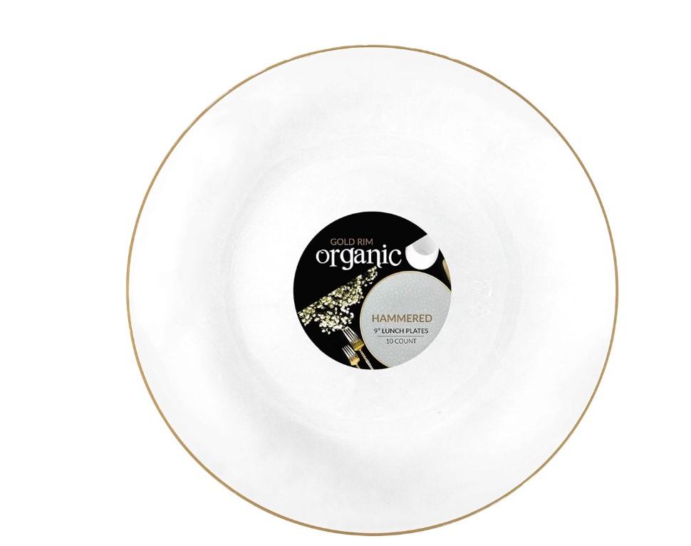 Organic Hammered Transparent White and Gold Rim Collection, Case of 120 (12 packs x 10)