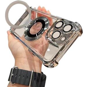 Magnetic case for iPhone 17 Pro Max with Full Camera Lens Protection(Compatible with MagSafe),Military Shockproof Slim Electroplate Bumper Clear Cover Built-in Invisible Ring Stand, Silver