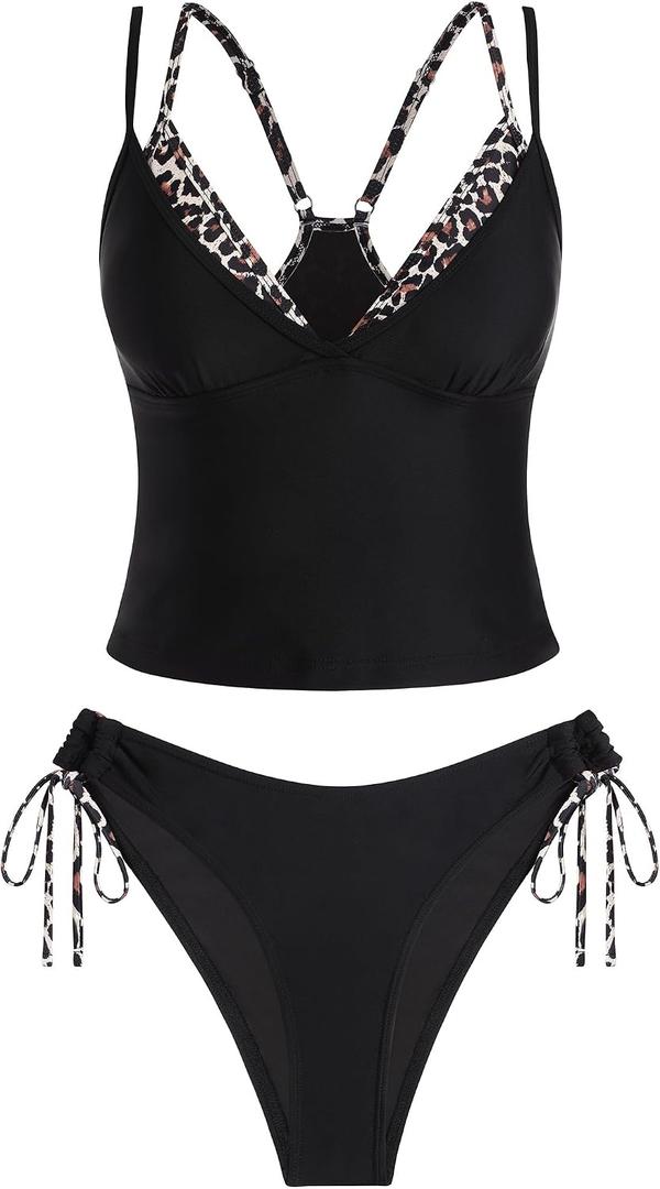 ZAFUL Women Double Layer Tankini Set V Neck Color Block Swimsuit Side Tie Two Piece Bathing Suit, XL